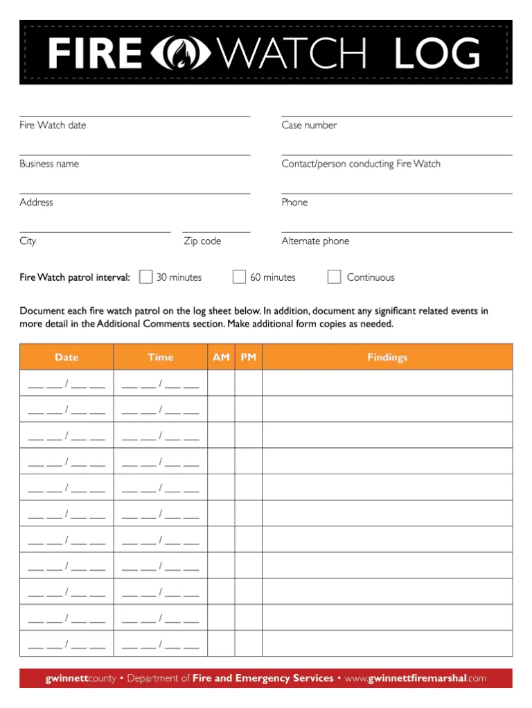 Printable fire department call log template