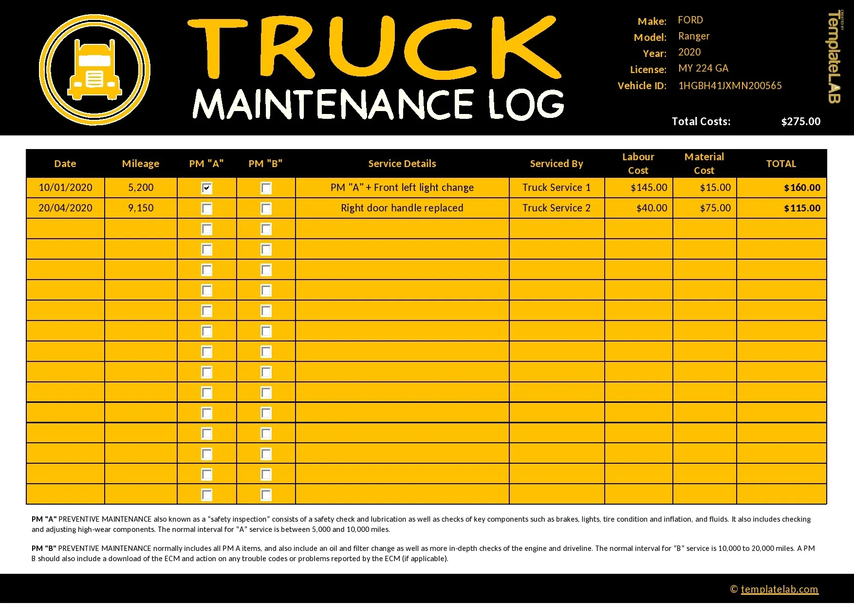 Printable fleet truck maintenance log template