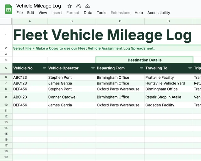 fleet vehicle mileage log template