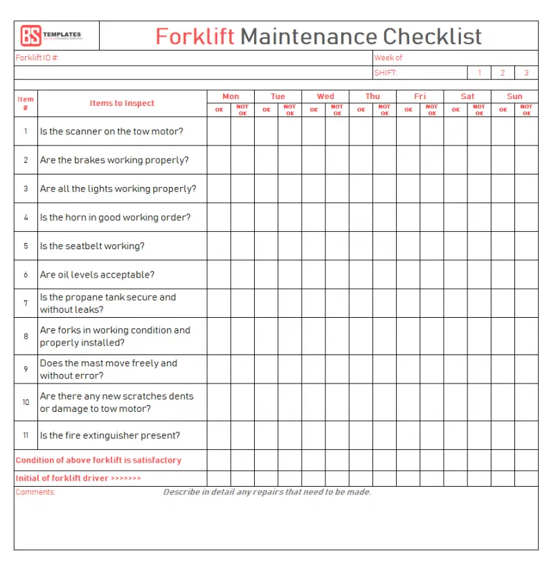 forklift daily maintenance log template
