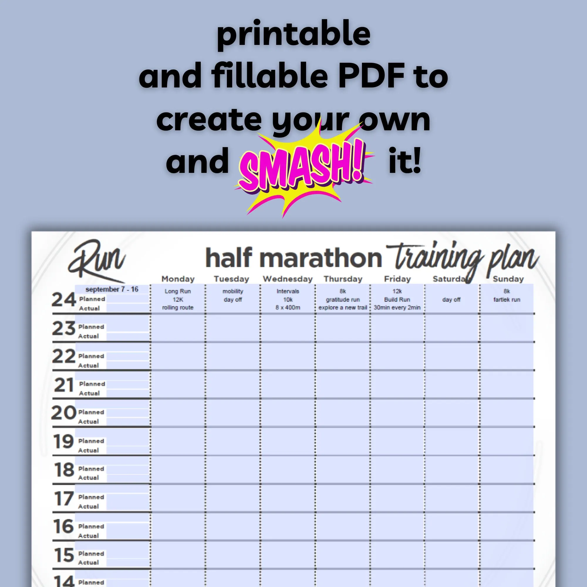 half marathon training log template