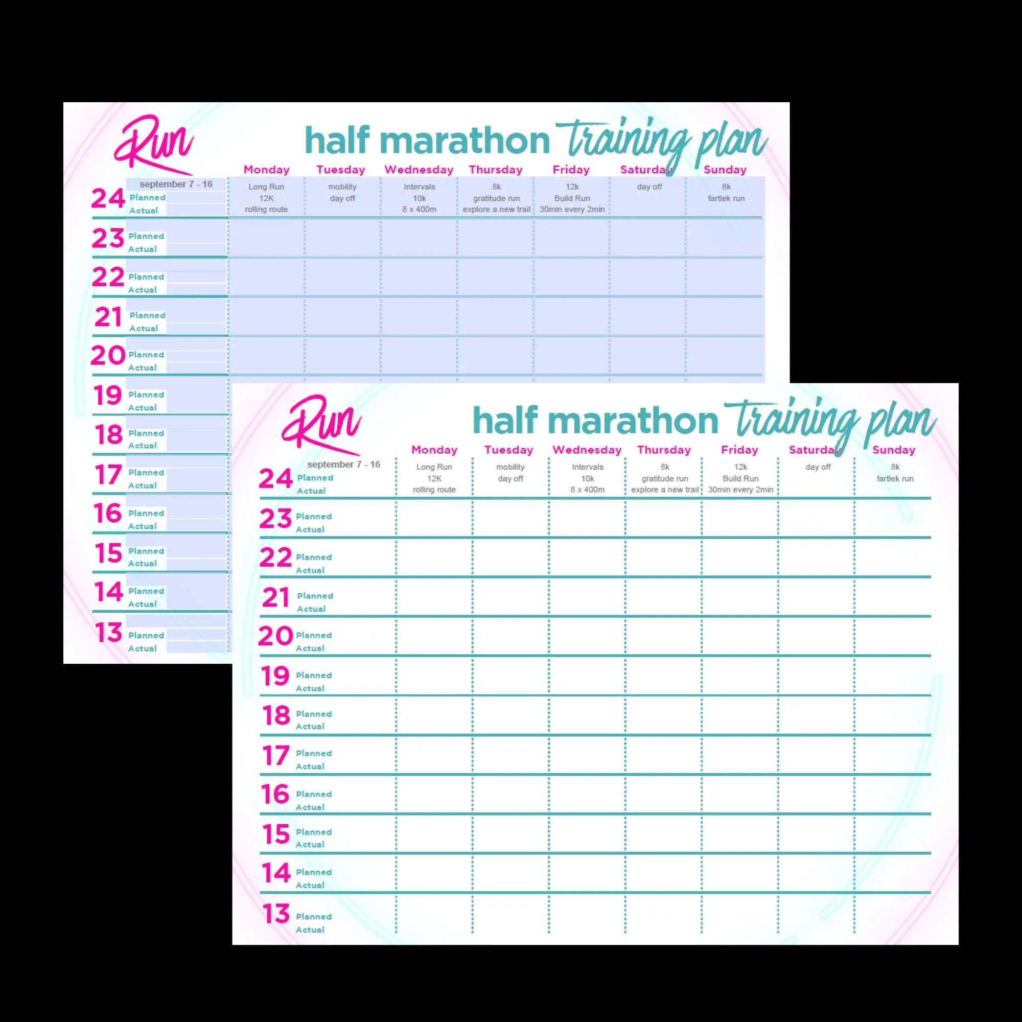 Printable half marathon training log template