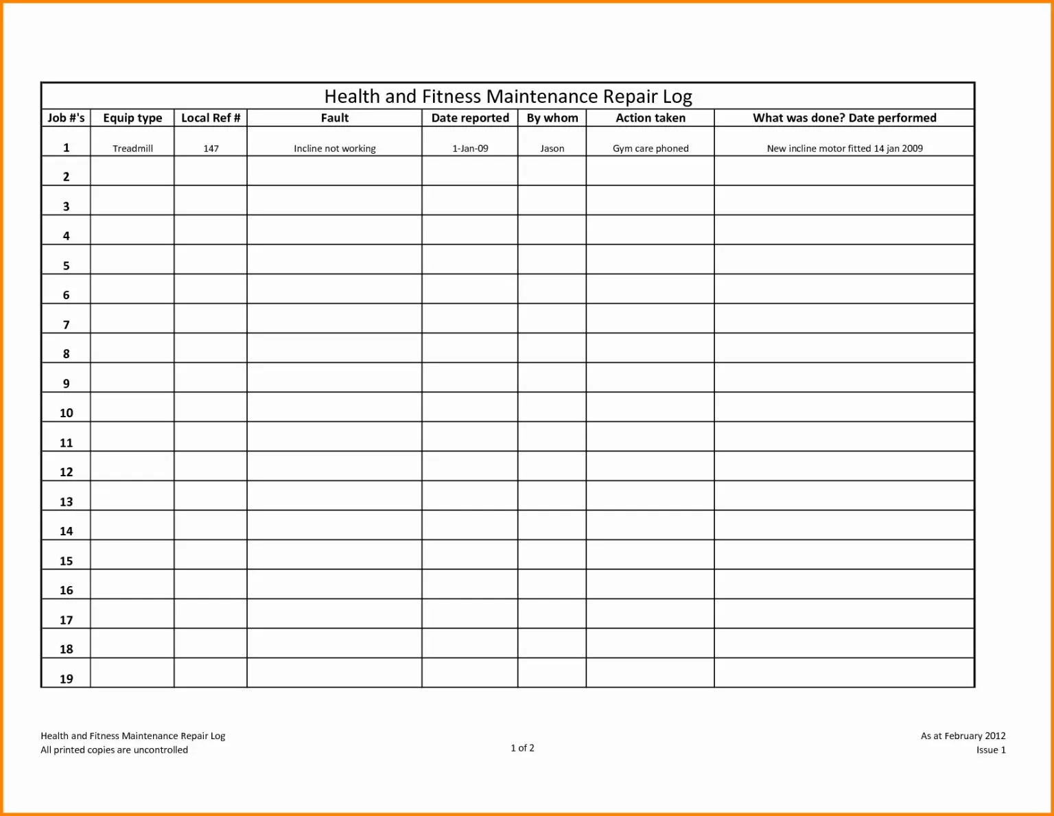 heavy equipment repair log template