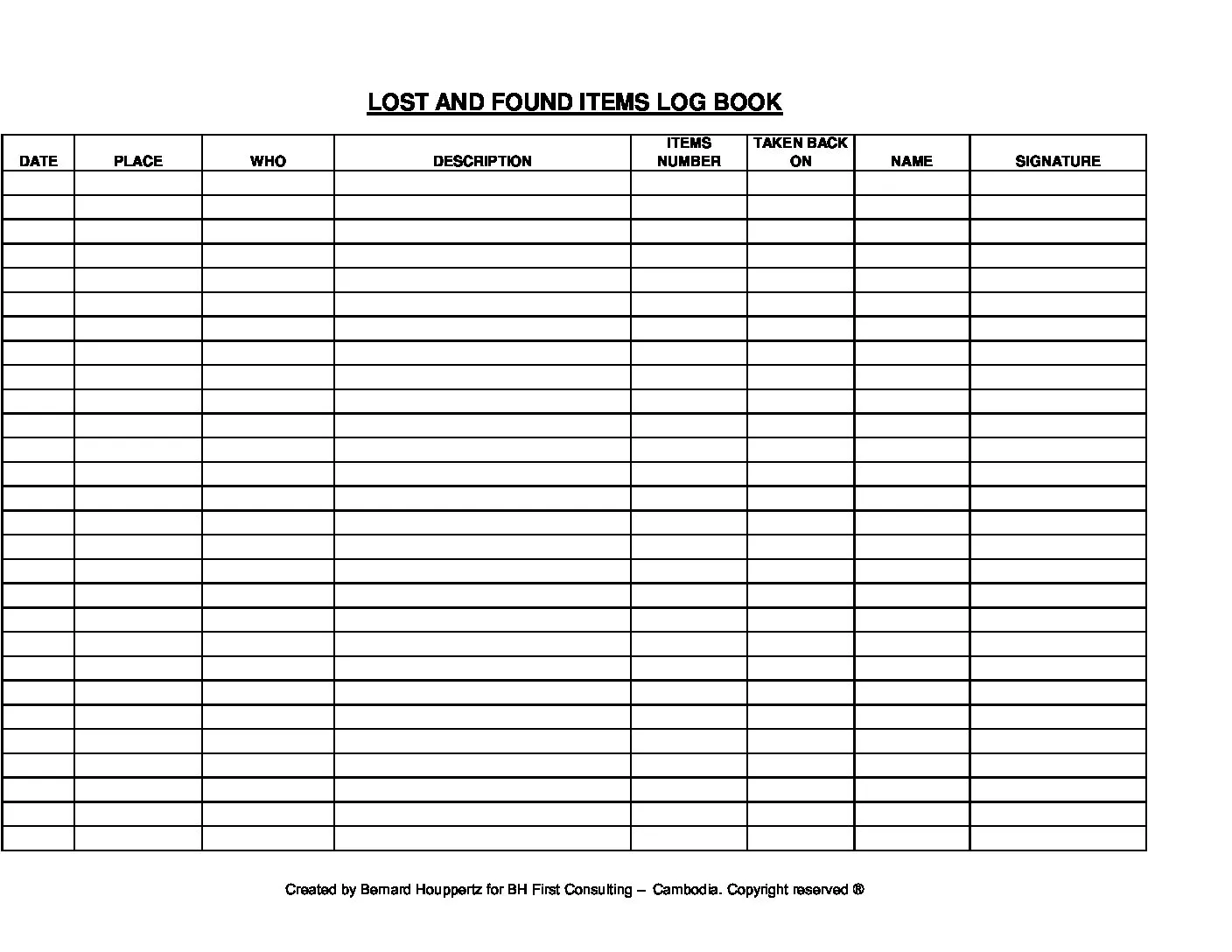Printable hotel lost property log template