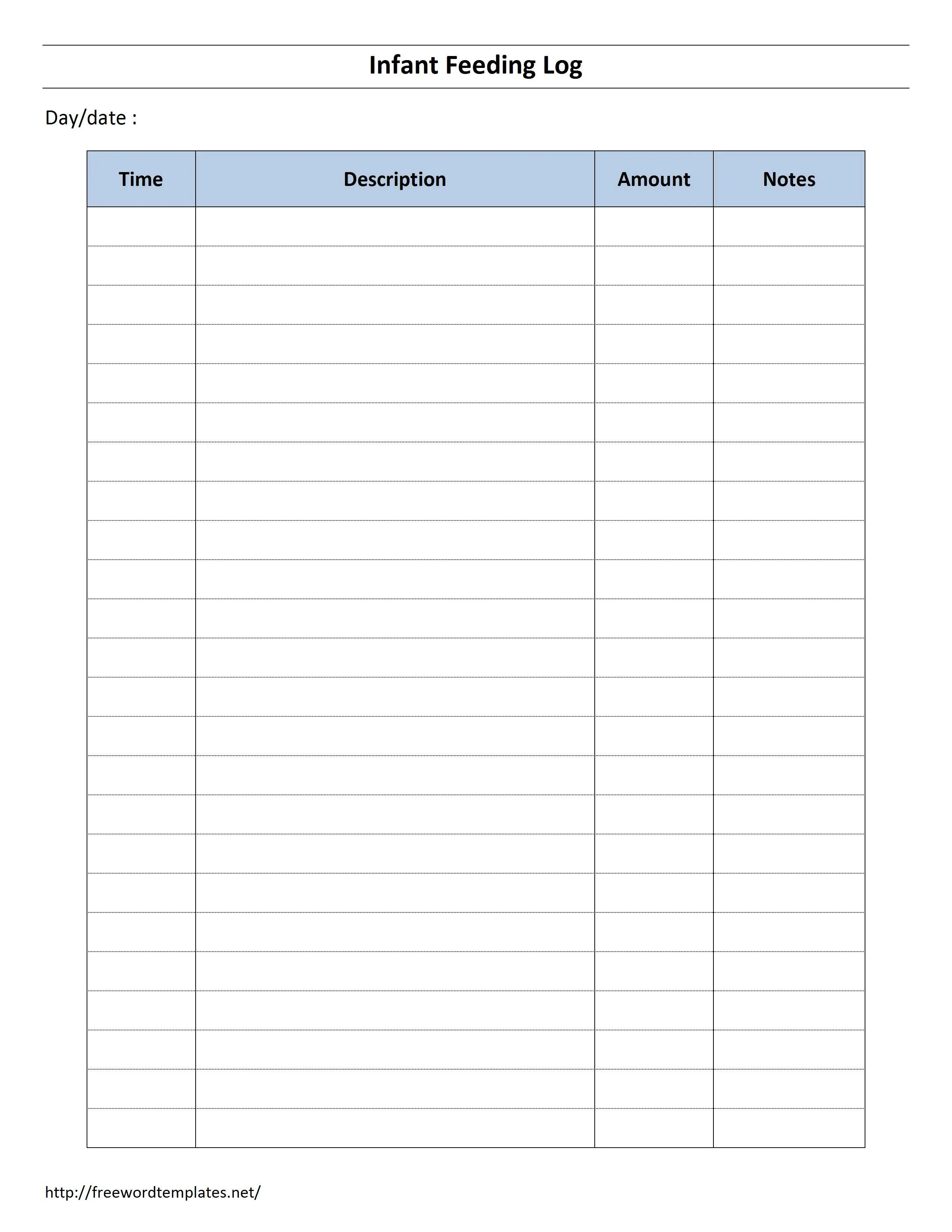 Printable infant feeding daily log template