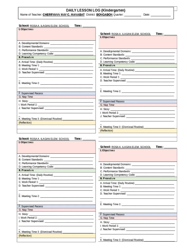 kindergarten daily lesson log template