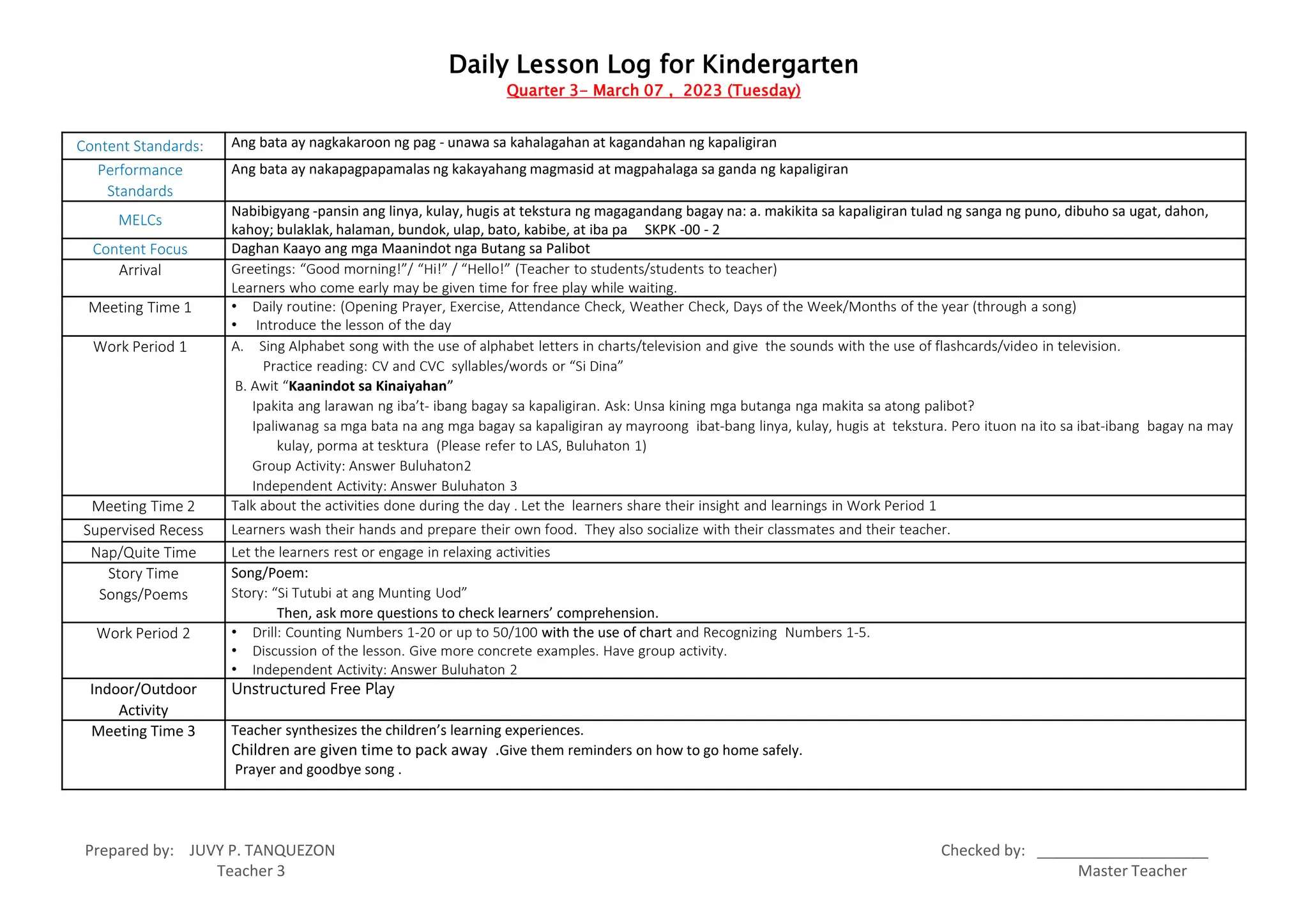 Printable kindergarten daily lesson log template