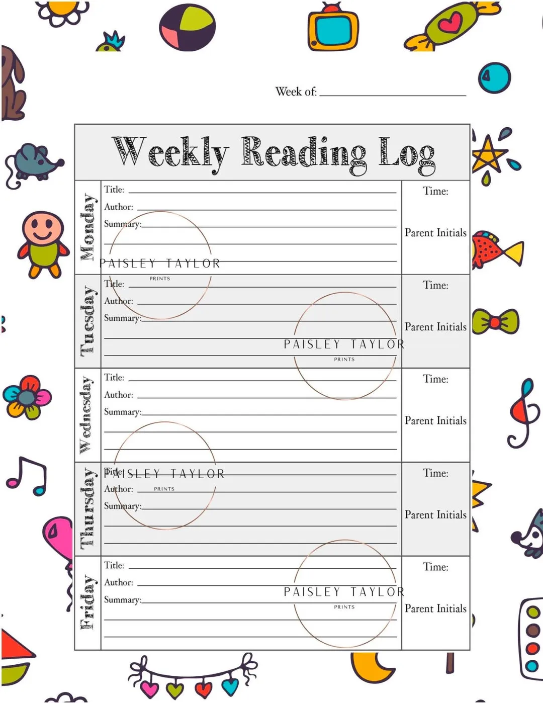 Printable kindergarten weekly reading log template