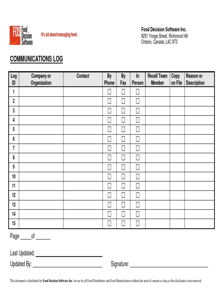 Printable kitchen manager communication log template