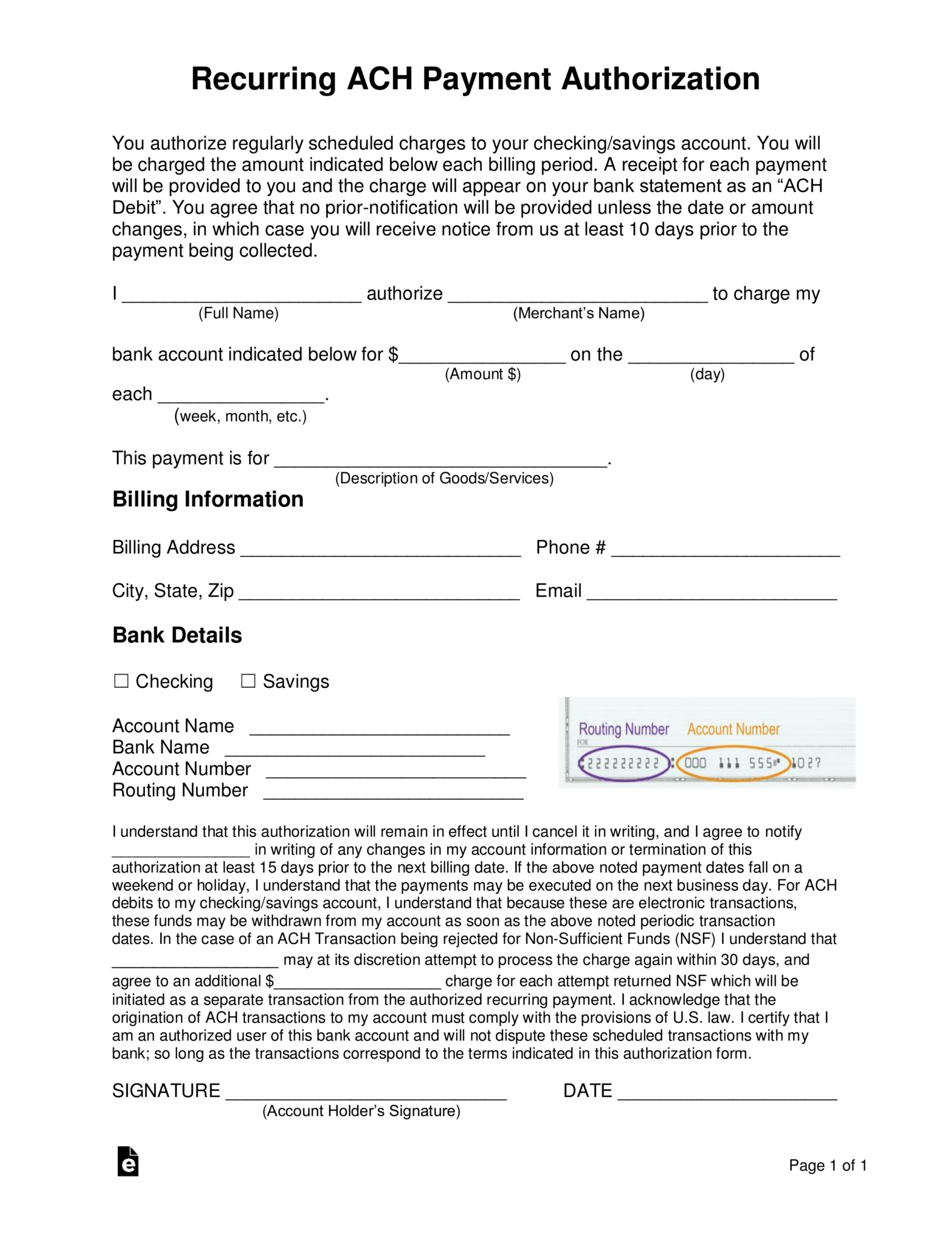 Ach Routing Form Customer Ach Authorization Form Template