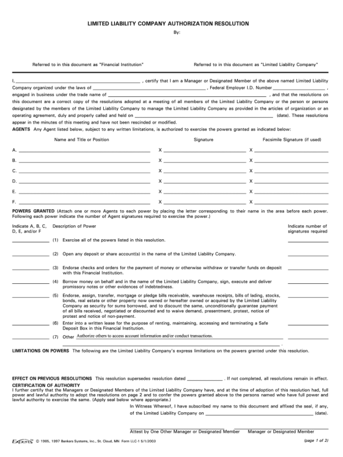 Llc Authorization To Sign Template