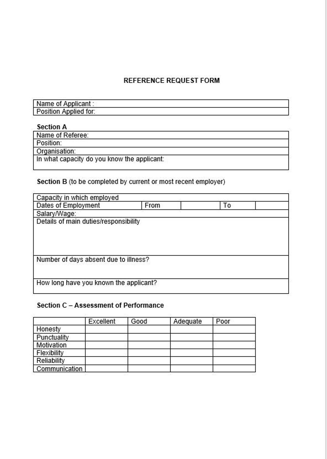 Job Reference Request Template Job Reference Request Template