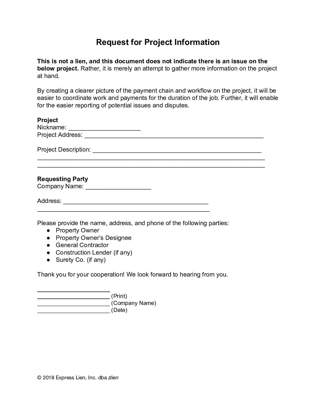Project Management Request For Information Template