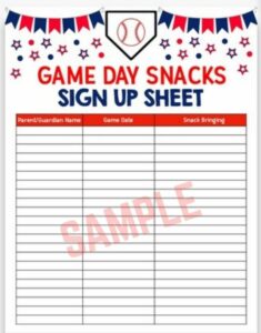 Baseball Snack Sign Up Sheet Template