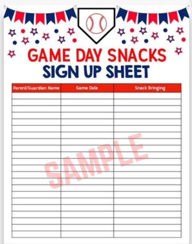 Baseball Snack Sign Up Sheet Template