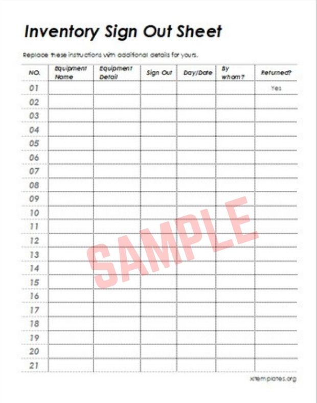 Inventory Sign Out Sheet Template