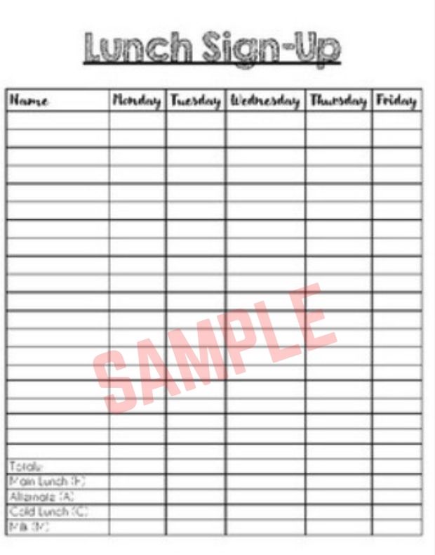 Lunch Sign Up Sheet Template