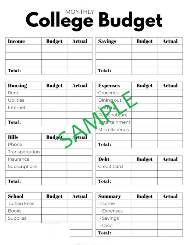 College Student Personal Budget Template