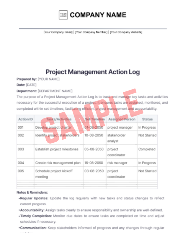 Project Management Action Log Template