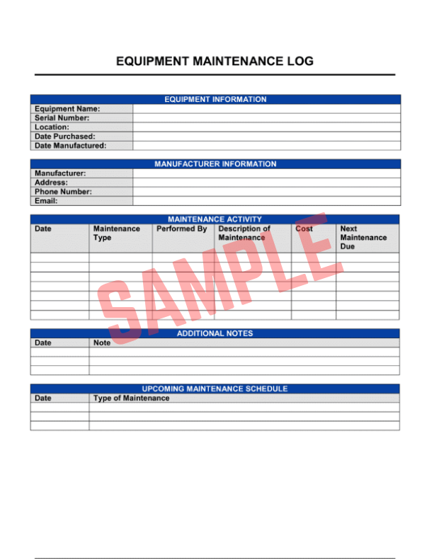 Construction Equipment Maintenance Log Template