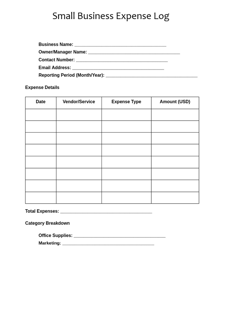 Small Business Expense Log Template