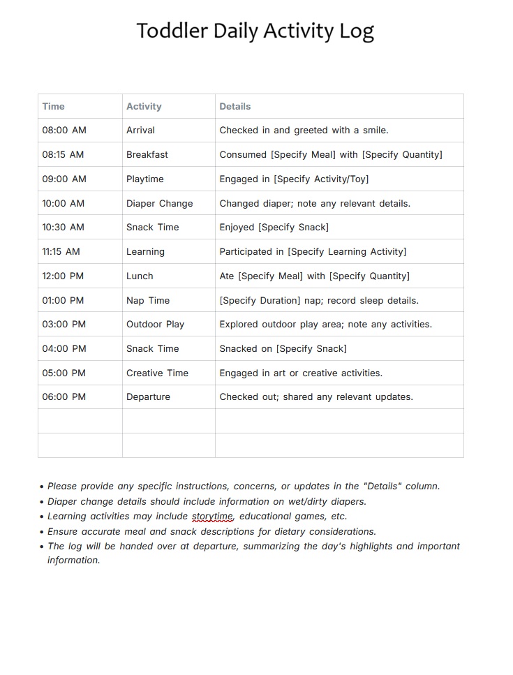 Toddler Daily Activity Log Template