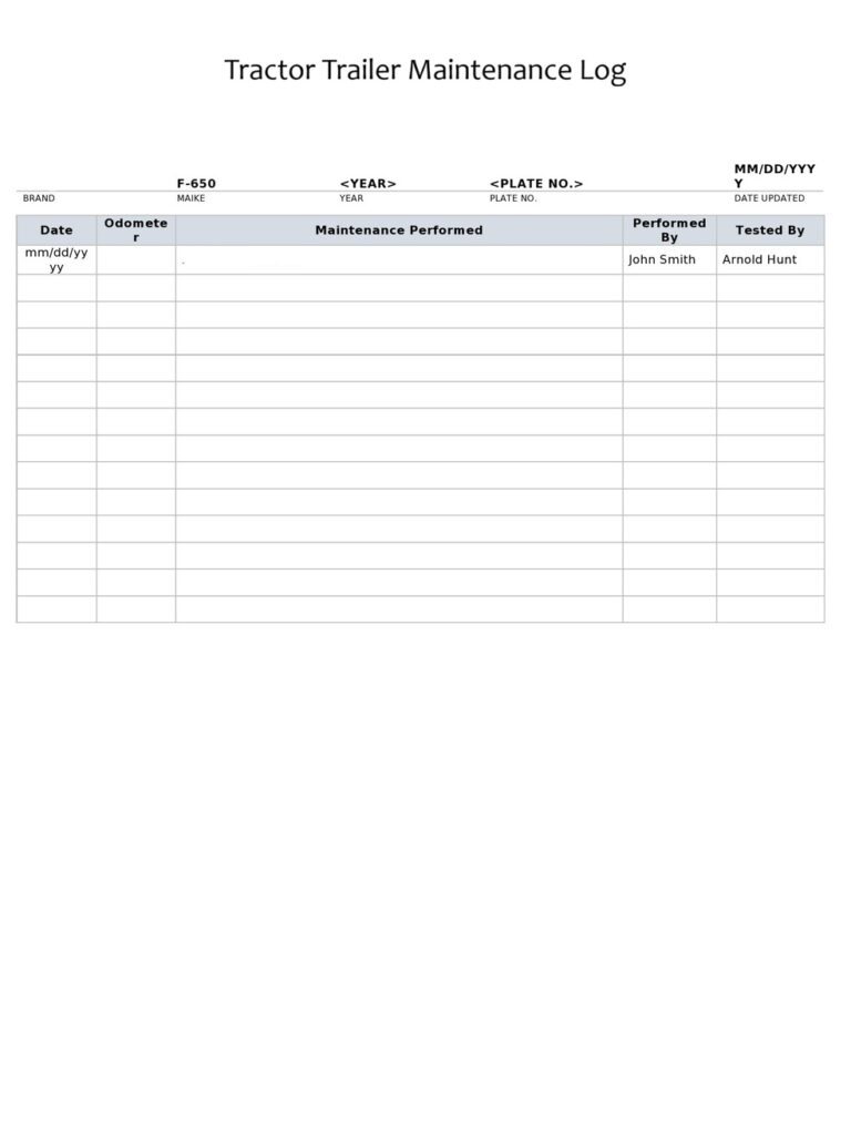 Tractor Trailer Maintenance Log Template