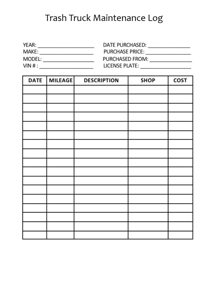 Trash Truck Maintenance Log Template