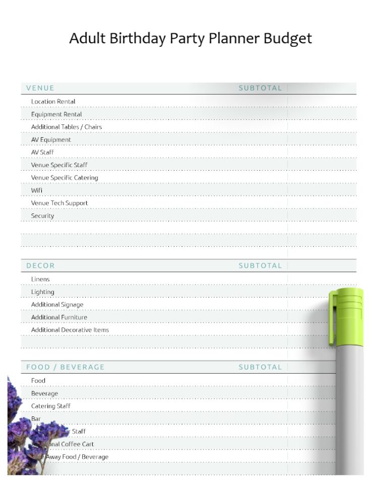 Adult Birthday Party Planner Budget Template