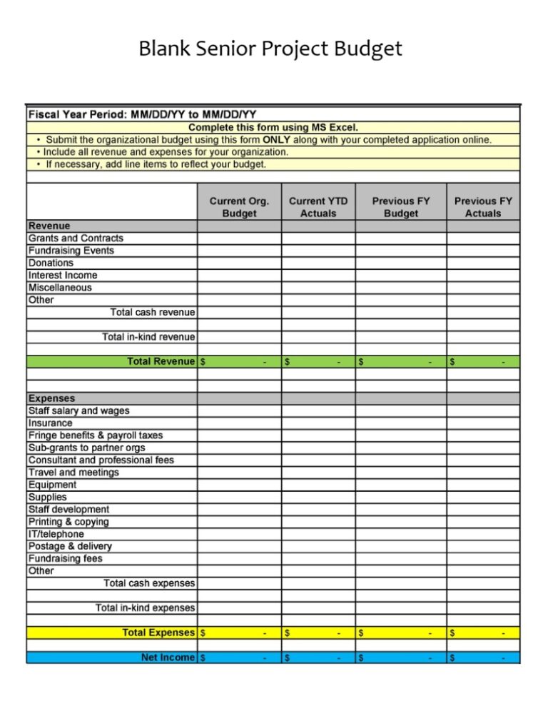 Blank Senior Project Budget Template