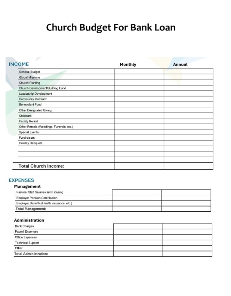 Church Budget Template For Bank Loan