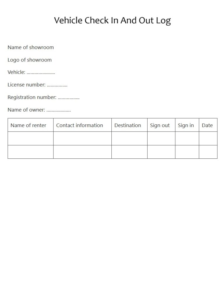 Vehicle Check In And Out Log Template