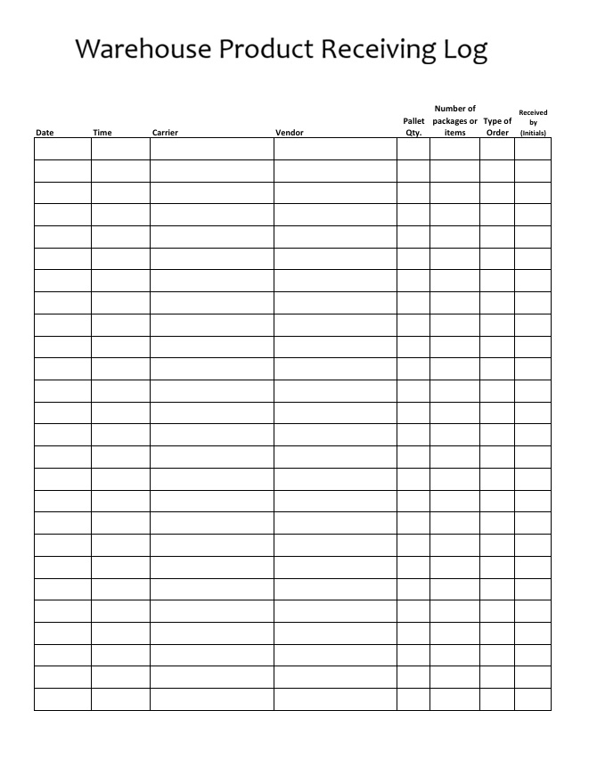 Warehouse Product Receiving Log Template
