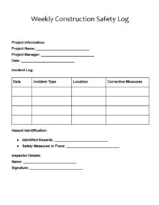 Weekly Construction Safety Log Template Weekly Construction Safety Log Template