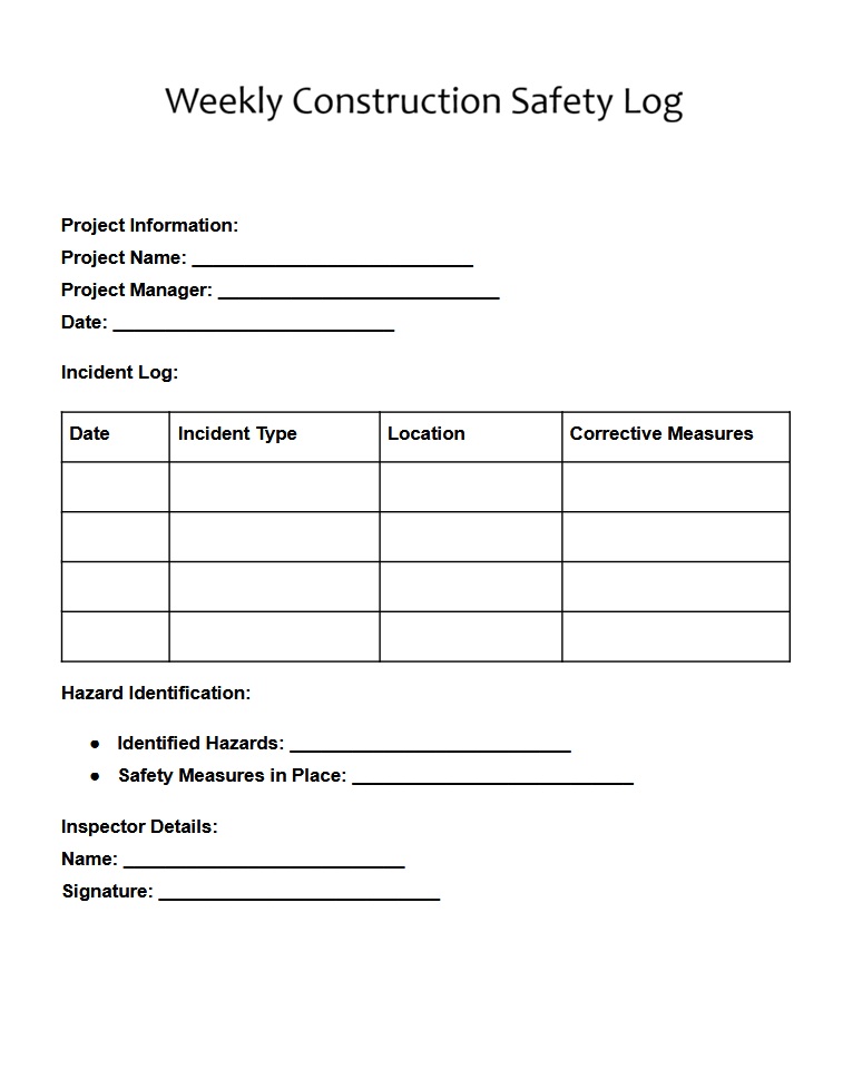 Weekly Construction Safety Log Template