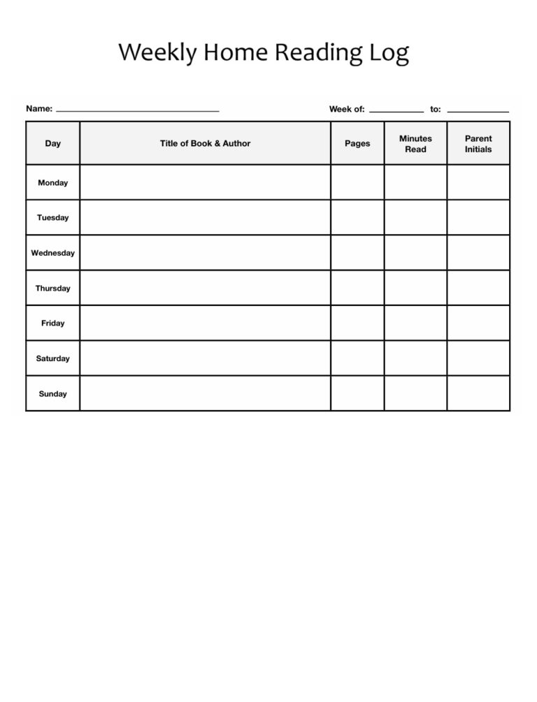 Weekly Home Reading Log Template