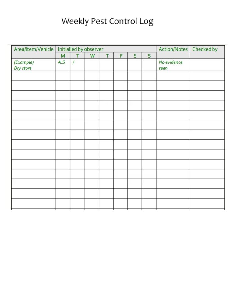 Weekly Pest Control Log Template
