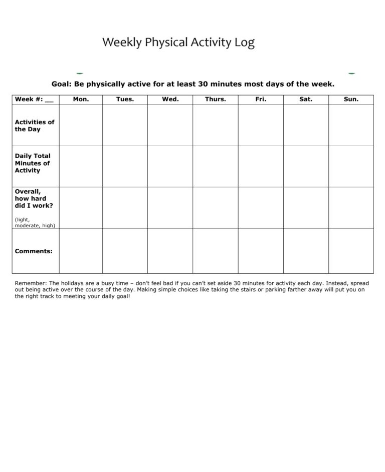 Weekly Physical Activity Log Template