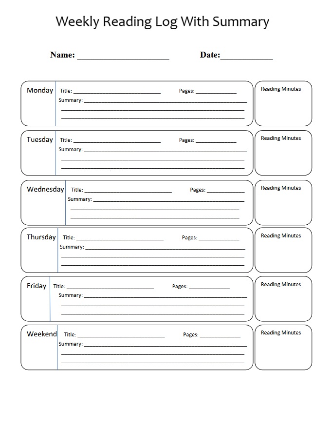 Weekly Reading Log Template With Summary