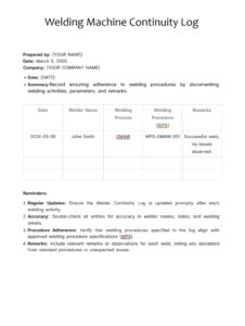 Welding Machine Continuity Log Template Welding Machine Continuity Log Template