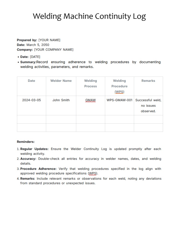Welding Machine Continuity Log Template