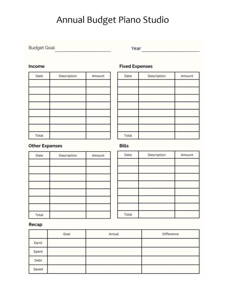 Annual Budget Template Piano Studio