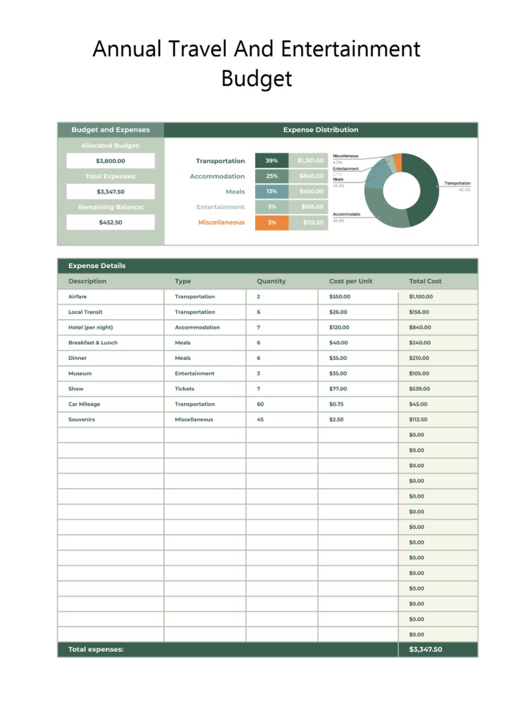 Annual Travel And Entertainment Budget Template