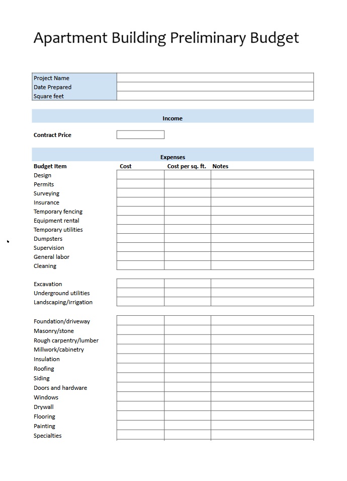 Apartment Building Preliminary Budget Template