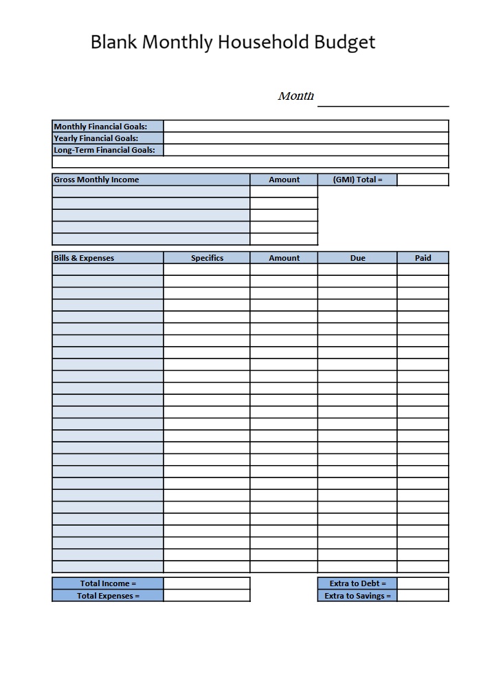 Blank Monthly Household Budget Template